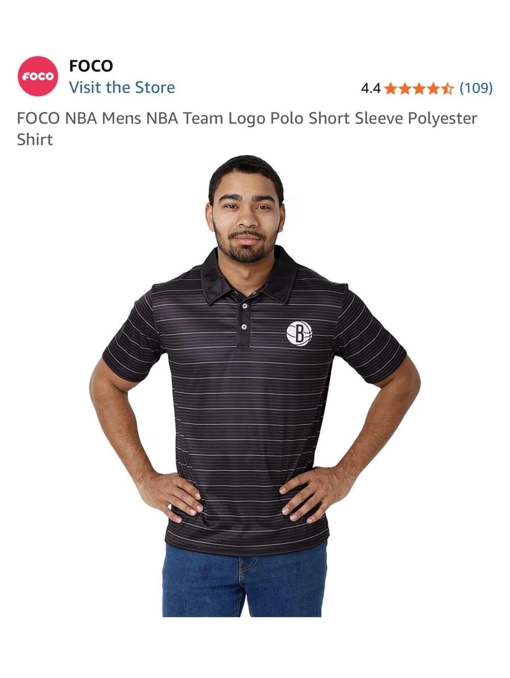 FOCO NBA Mens NBA Brooklyn Nets Polo Short Sleeve Polyester Shirt Large
